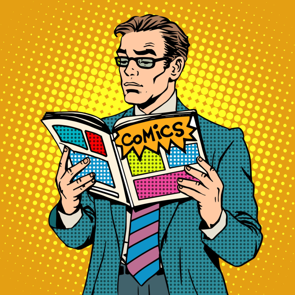 48144265 - man reads comic book pop art retro style. adult businessman with glasses opened the magazine illustrations. a man stands. the concept of reading and the comic book store